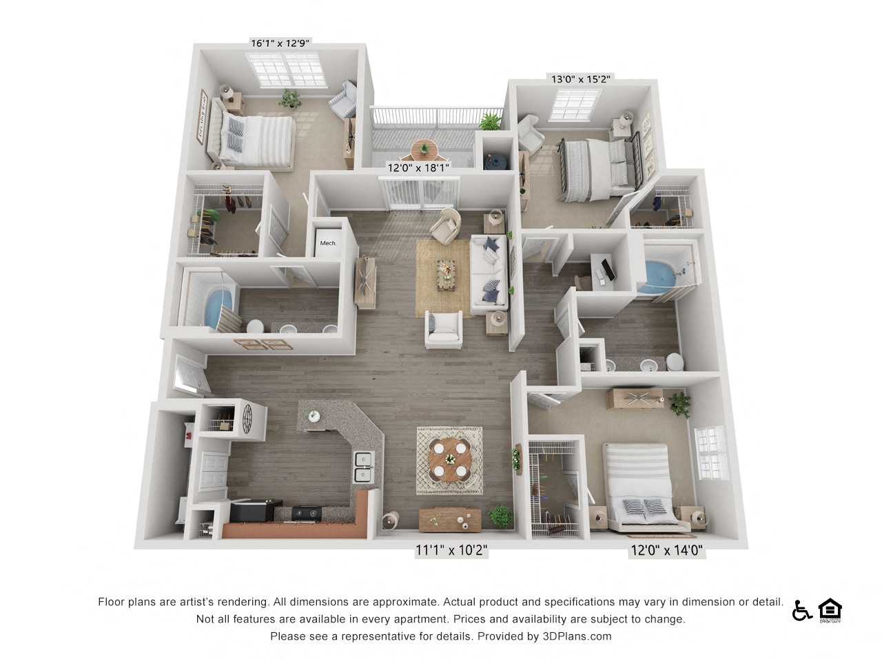 Floor plan for 3 beds, 2 baths, 1348 sqft